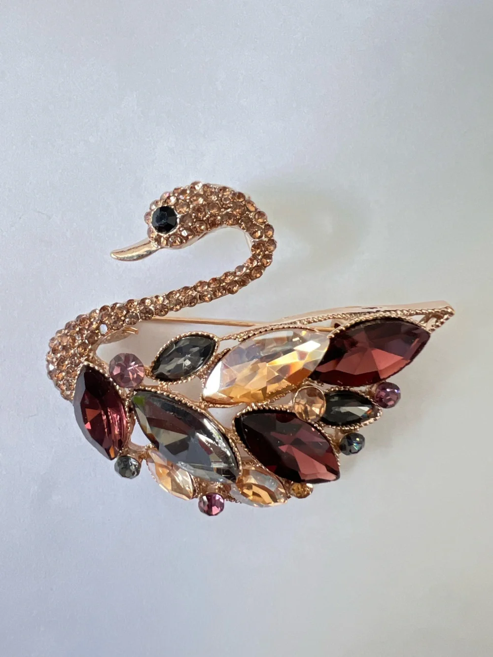 Swan Crystal Brooch Pin in Rose Gold with Multi-Colored Gems